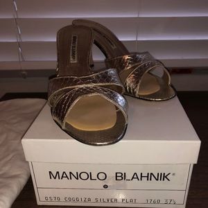 Manolo Blahnik Platinum Kitten Heel Sandal